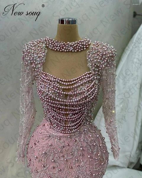 Robes de fête élégantes perles roses balle musulman dubai paillettes longues soirée pour les femmes de mariées sur mesure