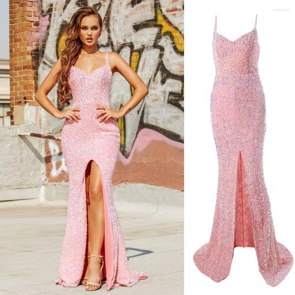 Robes de soirée élégant rose Slip Sequin robe de soirée col en V avant fendu rembourré sirène bal brillant longue nuit de luxe demoiselle d'honneur