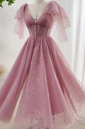Robes de fête élégant rose en V V robe de bal étoile sans manches à lacets robe de soirée à lacets en ligne avec cocktail de décoration de bouton