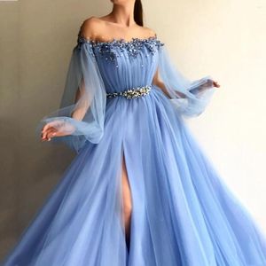 Robes de soirée élégantes bal bouffée manches longues bateau cou appliques baguettes fendues tulle robe de bal femmes robe de soirée robes de retour