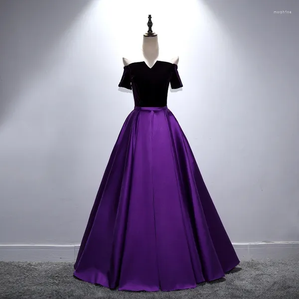 Robes de soirée élégantes bal manches courtes Satin une ligne violet col bateau robe De Festa robe longue robes formelles