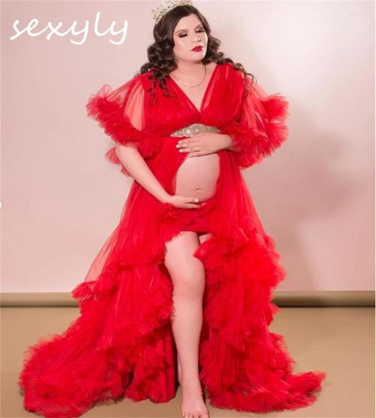 Vestidos de fiesta Elegante vestido de noche rojo con manga corta con cuello en V Tul Maternidad para Po Shoot Babyshower Pografía Playa con cuentas