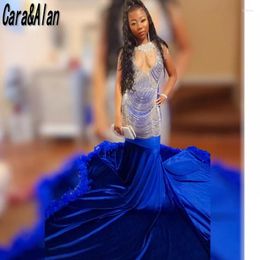 Feestjurken Elegant Royal Blue Prom For Black Girl Luxury Rhinestone Tassel Feathers Dress 2024 Glitter Vestidos de Gala