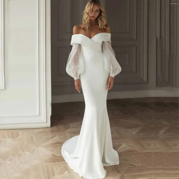 Robes de soirée élégantes sexy robe de mariage blanche maxi épaule manches bouffantes satin queue de poisson mariée robe de bal étage