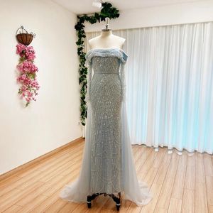 Robes de soirée élégantes bleu ciel sirène perles robe de soirée pour les femmes 2024 manches longues avec train détachable formelle robes de mariée de bal