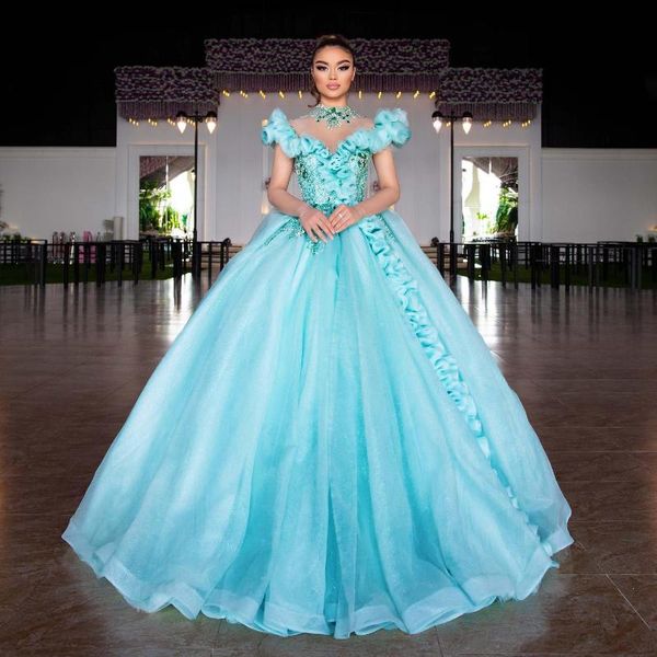 Vestidos de fiesta elegantes cielo azul hinchado noche chispa cristal con cuentas de tul de tul vistas de tutu de cuello alto