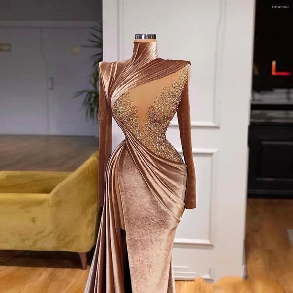 Robes de soirée élégante velours sirène soirée manches longues cristaux scintillants haute fente femmes cou bal robe de concours sur mesure Made215K