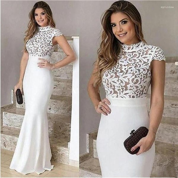 Vestidos de fiesta elegantes Noche de encaje blanco con mangas de cuello alto.