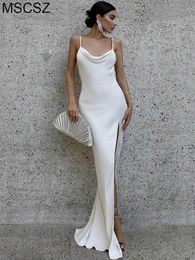 Vestidos de fiesta Vestido largo blanco elegante con correa de espagueti con abertura Vestido de fiesta largo sin espalda drapeado Vestido de playa sexy Verano 2022 T220930