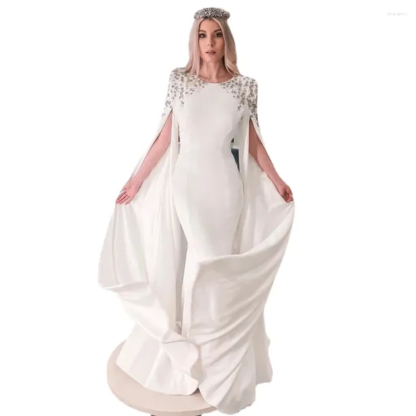 Robes de soirée élégante blanche sirène Dubaï robe de soirée pour les femmes de mariage Cape manches musulman longue formelle