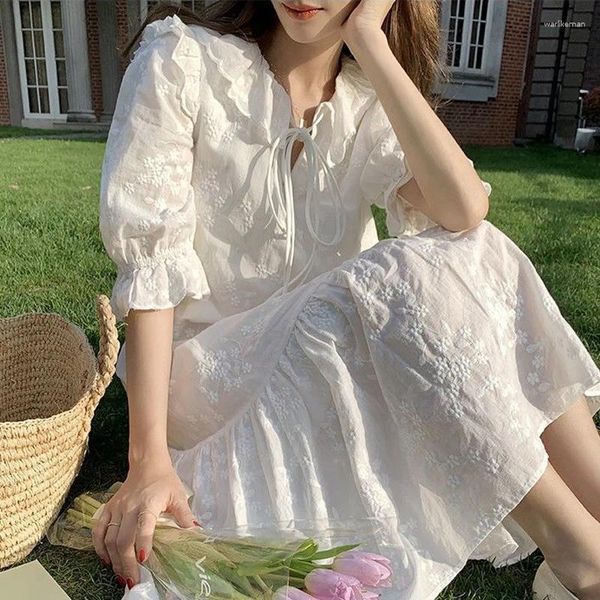 Vestidos de fiesta elegante blanco midi mujeres vendaje casual manga corta vintage francés dulce niñas vestido femenino moda coreana vestidos