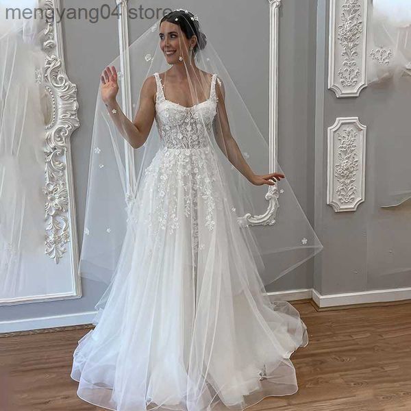 Robes de soirée élégantes bretelles larges dentelle perlée une ligne robes de mariée chérie balayage train robe de noiva corset dos robes de mariée vintage T230502