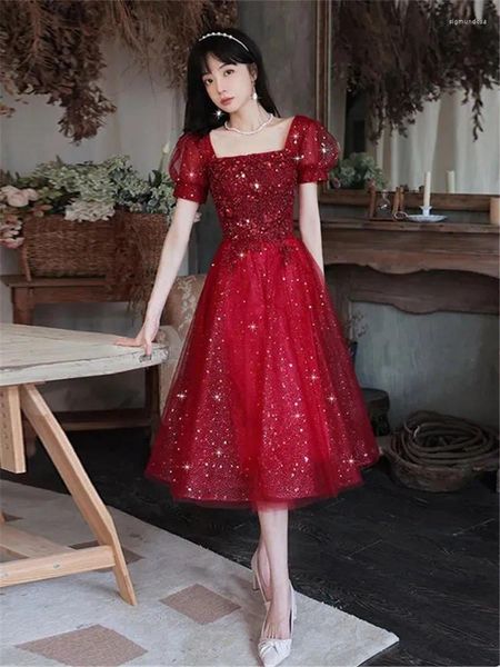 Robes de fête Robe rouge vin élégant pour femmes monochrome paillettes appliques carrés collier mi-long jupe de mode de mode