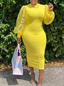 Robes de soirée femmes élégantes jaune robe moulante longue voir à travers les manches tulle couture col haut coupe ajustée grande taille vêtements 221128
