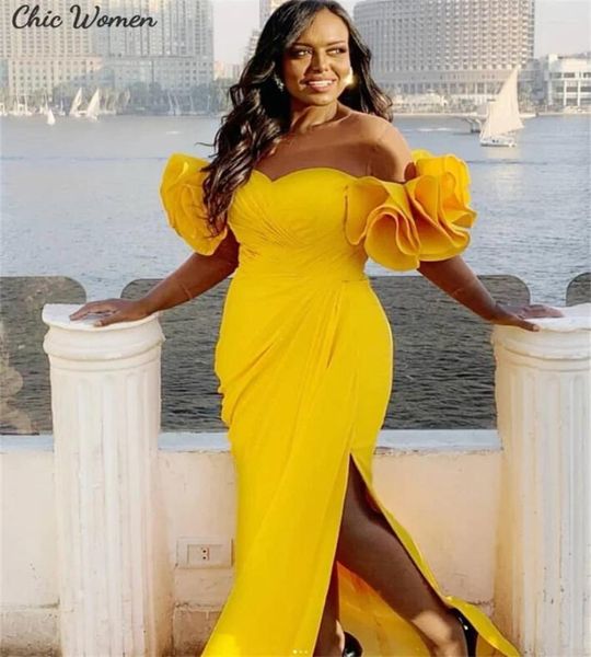 Robes de fête Élégant Robe de bal jaune plus taille avec illusion à manches longues volants robes de soirée sirène 2024 Glam Pleat Formel