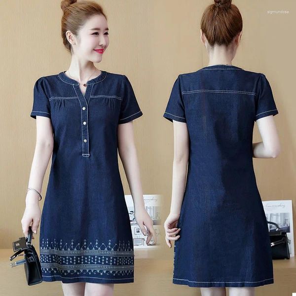Robes de fête broderie robe en jean 2024 été pour femmes manches courtes habillées décontractées vestidos coréen version grande taille 5xl