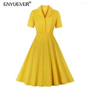 Robes de soirée Enyuever jaune robe d'été femmes vêtements à manches courtes col rabattu coton Robe Pin Up Swing Vintage 50 s 60 s rétro