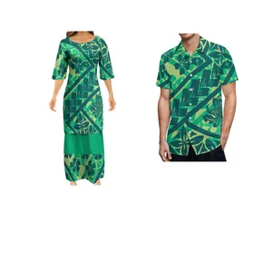 Feestjurken Est Green Samoan vrouwen Polynesische traditionele tribale ontwerpjurk 2 -delige set collocatie mannen shirt sets van paren