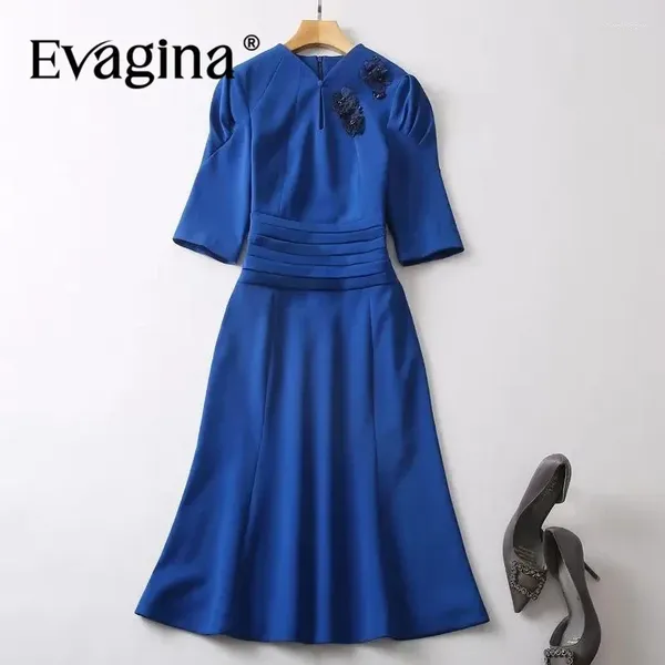 Robes de fête Evagina Fashion Fashion Women's Style Elegant Stand-up Cold-up Puff à manches à manches minces à manches mince