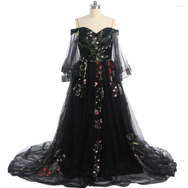 Robes de soirée Soirée Tulle Noir Dentelle Florale De L'épaule Demi Manches Plissée A-ligne Court Train Plus Taille Femmes Robe LX232