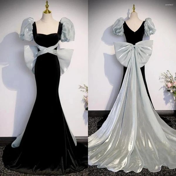 Robes de soirée robe de soirée velours noir col carré gris manches courtes bouffantes sirène trompette longueur de plancher grande taille femmes robe formelle