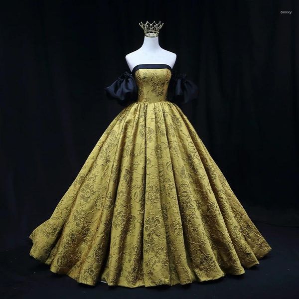 Robes de soirée robe de soirée sans bretelles brillant doré floral manches courtes bouffantes à lacets longueur de plancher Tain robe de bal femmes habillées B2162