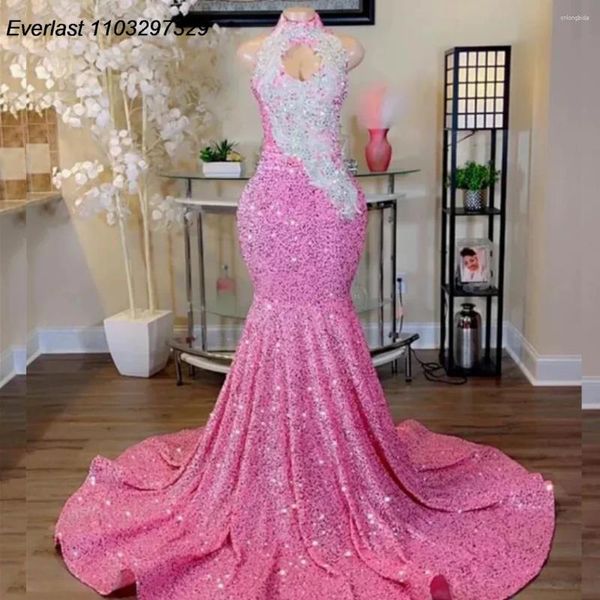 Vestidos de fiesta Evlast Silver Beaded Pink Sequins Dress para chicas negras Mermaid nocturna vestidos de celebridades Vestidos de Gala TPD34