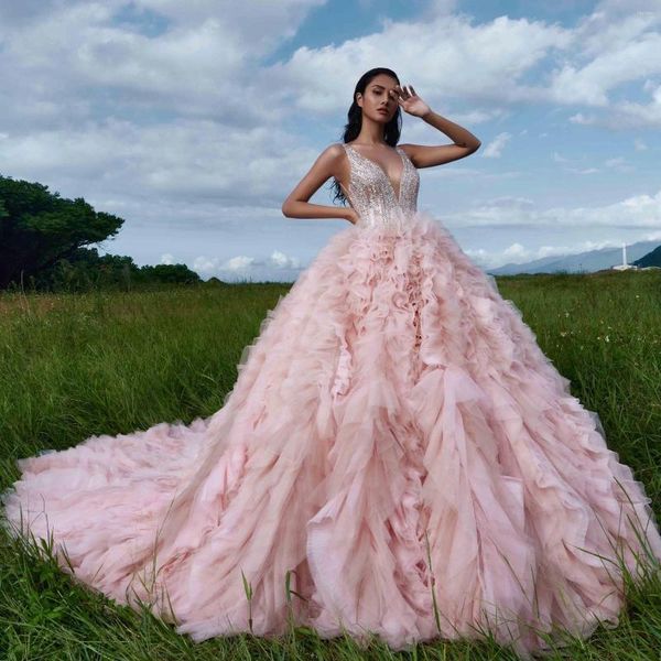 Vestidos de fiesta Exquisito vestido de noche rosa esponjoso Con cuello en v Longitud del piso Lentejuelas Sin mangas Tren largo Eelgant Invitado Vestidos Para Mujer Women