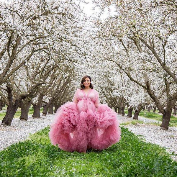 Robes de soirée Extra moelleux Rose Tulle Robes pour Po Shoot manches longues voir à travers les femmes maternité robes de chambre grande taille bal