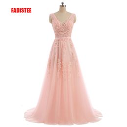 Feestjurken FADISTEE Vestido De Festa Zoet roze Kant V-hals Lange Avondjurk Bruid Sexy Backless kralen parels Prom lace up 230322