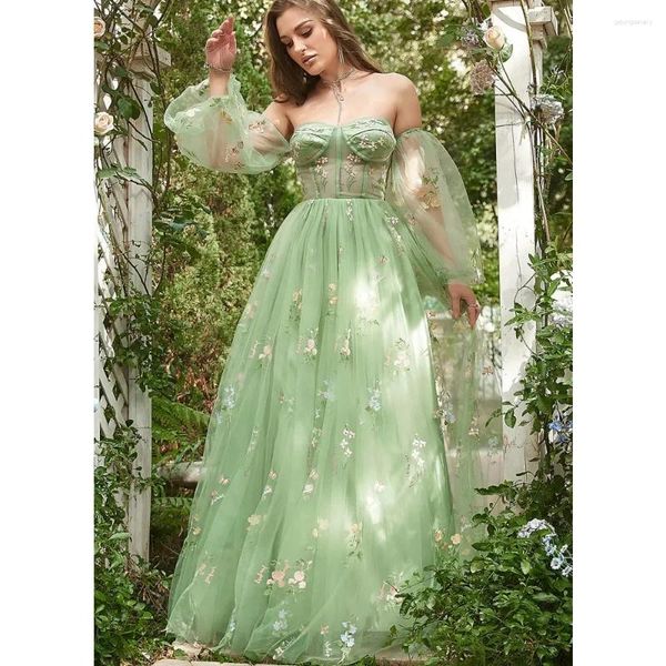 Robes de fête Fairy Forest Green Prom Robe Longues manches gonflées Longueur de plancher