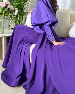 Feestjurken Fairytale Saoedi -Arabië Prom Lange mouwen eenvoudige vestidos kralen paarse vrouwen avondjurk formele gelegenheid