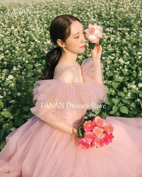Robes de soirée Fanan Volants Tulle Soirée Corée Princesse Hors Épaule Manches Courtes Mariage Femmes Robes Formelles Événement Bal