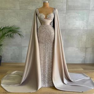 Robes de fête Soirée pailletée de fantaisie pour femmes Long Luxury Occasion formelle Cape Rucched Lace Appliques personnalisées Fabriqué 2024