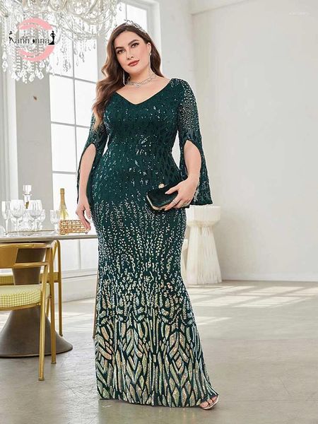 Robes de soirée Fannonnaf Princesse Paillettes Vert Robe de bal de mariage Cérémonie élégante à manches longues Plus Taille Luxe 2024