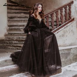 Feestjurken Fantasie Zwarte bruiloft met lange mouwen winterzonnewende schending gotische bruidsjurk voor Halloween Witchy Vestido Novia 230328