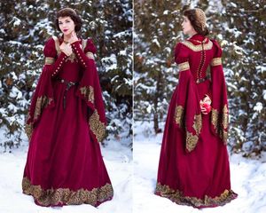 Feestjurken Fantasie Elven prom jurk Vintage Retro Lange Mouw Gold Lace Gothic Tudor -stijl Kostuum Fairy Renaissance Faire avond