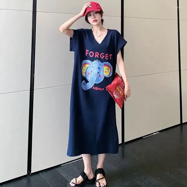 Vestidos de fiesta Fashion Woman de gran tamaño camiseta coreana suelta V vestido de color cuello impresión de dibujos animados de manga corta grande