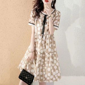 Robes de soirée Mode Polka Dot Mori Girl Style Casual 2024 Été Manches courtes Femme A-Line O-Cou Coréen Cordon Bow Robe Midi