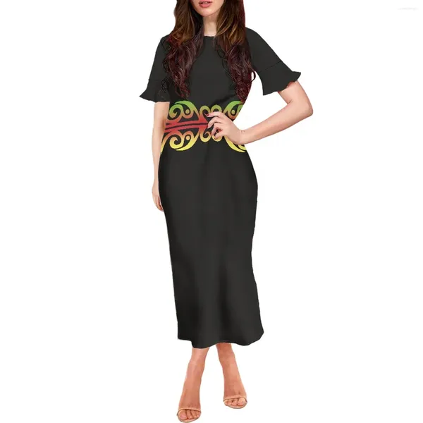 Vestidos de fiesta Moda Manga corta Mujer Verano con cuello en V Playa Vacaciones Playa Vestido floral Polinesia Tribal Imprimir Mujeres Negro