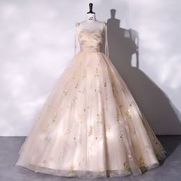 Feestjurken mode spaghetti -riem quinceanera champagne kleurrijke bloemen tule ball jurk eenvoudige zoete fee vestido de baile 230221