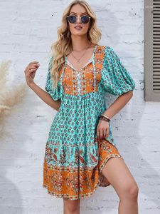 Robes de soirée Mode Vintage Robe Bohème Pour Femmes Été Élégant Imprimé Swing Femme Vert Casual Vacances Plage Courte