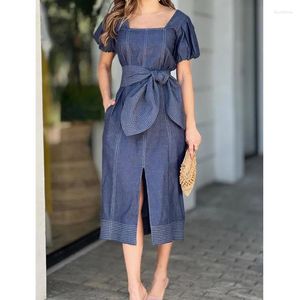 Robes de soirée Mode Taille Denim Robe Femmes Été Élégant Bleu Lavage Sangle Lâche Streetwear Décontracté Grande Taille Dames Longues