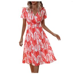 Feestjurken Mode Dames Casual V-hals Gedrukt Midi Rok Elastische Taille Jurk Elegante Sukienki Damskie Vestidos Verano Moda 2024