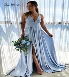 Robes de fête plus rapidement livraison robe de bal bleu 2024 Sexy V Neck Split Evening Boho Beach Strech Dance Robes Occasion formelle simple