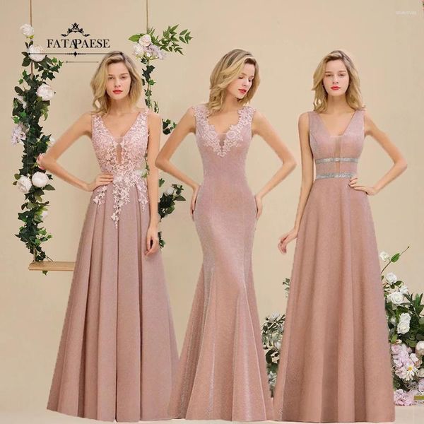 Vestidos de fiesta Fatapaese elegante Dusty Pink Long Long A Línea V Cuello Vestido de la espalda Vestido Formal Destructuras de honor