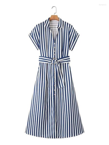 Robes de fête Fitshinling Striped Slim A-Line Midi with Belt Fashion Shirt Robe Femme Vêtements Casual Boutons Up Vestidos Femme 2024