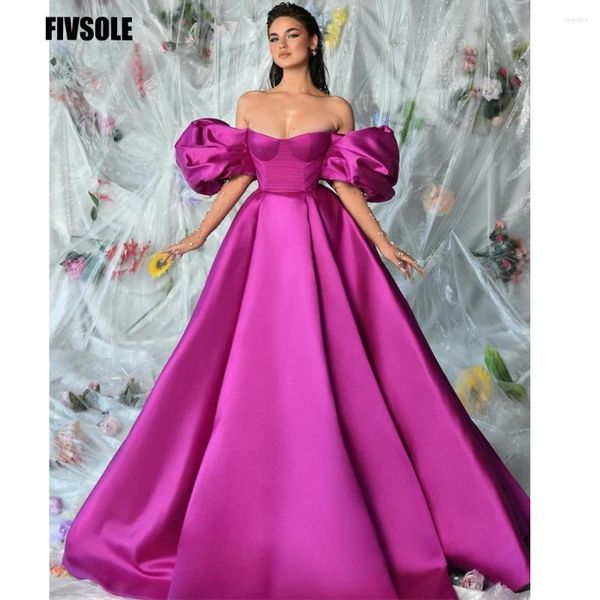 Robes de soirée Fivsole Satin Fuchsia A-ligne de bal pour les femmes manches courtes bouffantes robes de soirée plissées Robe chérie femme