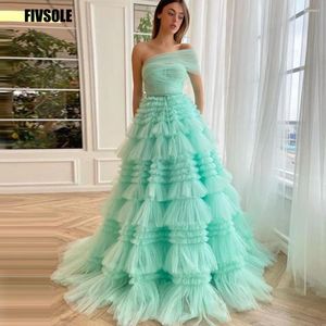 Feestjurken FivSole Vintage Mint Green A-Line Prom One Shoulder Tiered Tule Pleat Avond Jurken met Sash Vestido de Noche