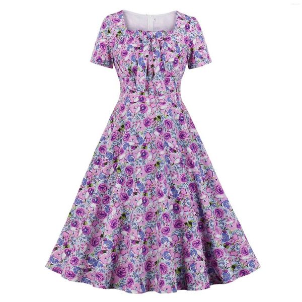 Vestidos de fiesta Estampado floral Vestido de verano 50s 60s Una línea Retro Mujeres Midi Beach Sexy Manga corta Swing Pin Up Rockabilly Sundress